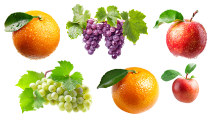 Set of apple, orange and red grapes hanging on the vine with green leaves, isolated on a white transparent background
