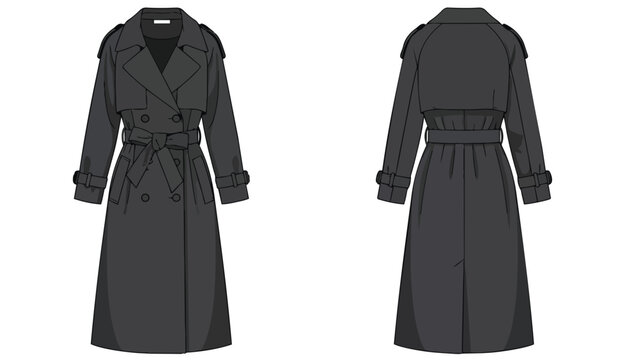 Sleek charcoal trench coat flat sketch, front and back, for contemporary fashion design inspiration.