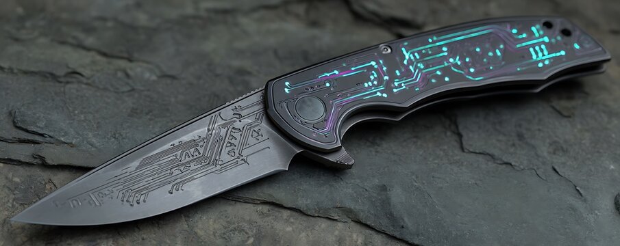 bladed knife strucyure background with stainless steel abstrat background with asbtract new art and black blade installed in it 
