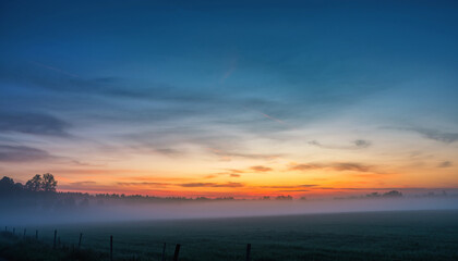 Fototapeta premium Sunrise casts a warm glow over a foggy field, creating a serene and tranquil morning scene.