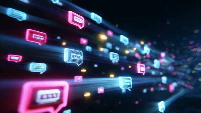 Dynamic Visual Representation of Communication and Interaction Through Colorful Speech Bubbles, Indicating the Flow of Digital Conversations and Social Connectivity in a Vibrant Neon Aesthetic