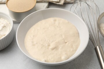 Yeast dough and ingredients on light table, closeup