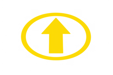 Yellow upward arrow icon inside a ring indicating direction, upload, growth, and improvement on transparent background