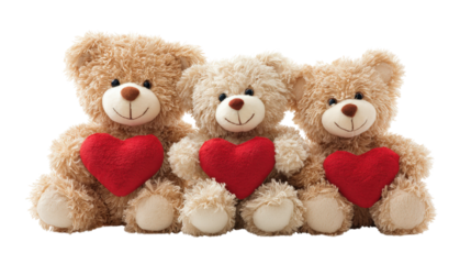 Three teddy bears are holding red hearts in their paws