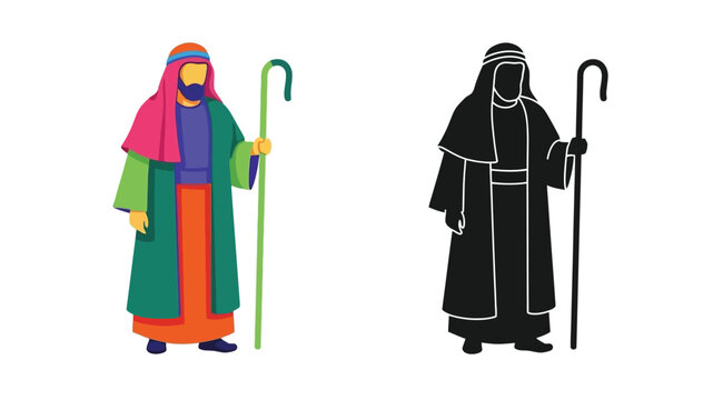 two stylized depictions of a shepherd figure with traditional clothing and staff