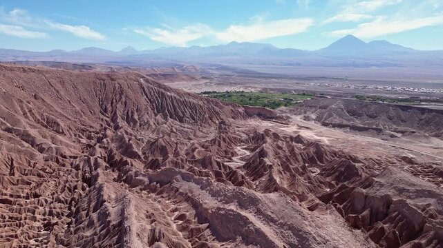 San Pedro de Atacama, Chile: Aerial drone footage of the Mars and death valley near San Pedro de Atacama, Chile, with the Licancabur volcano in the background near the Bolivia border in the Andes.