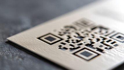 Close-up macro shot of a textured paper card with a black and white QR code printed on it, showcasing detailed surface and focus on code edges