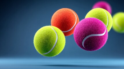 Multi-colored tennis balls in vibrant shades of green, pink, orange, and yellow are suspended in mid-air against a soft gradient background with copy space for design