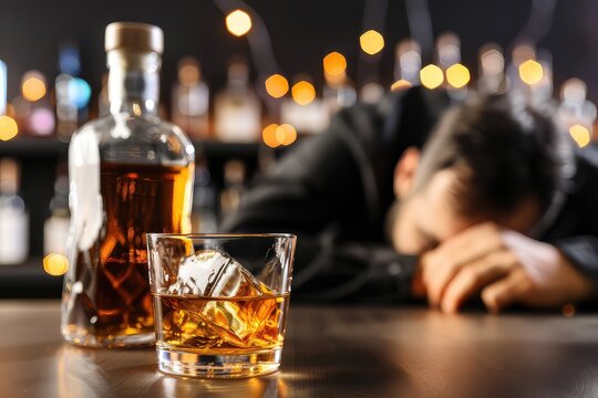 A drunk man fell asleep on the bar counter in front of an unfinished bottle of whiskey. A tipsy man has succumbed to sleep at the bar, with an unfinished bottle of whiskey as his companion.