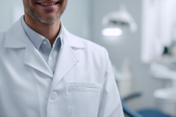 Smiling male dentist wearing a white coat in a modern clinic. Close up of a professional doctor with a beard standing in a dental office