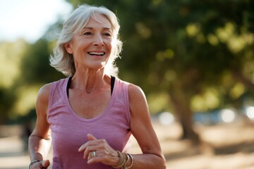 Happy senior woman jogging in the park. Active older lady exercising outdoors for fitness and health. Healthy aging and vitality concept