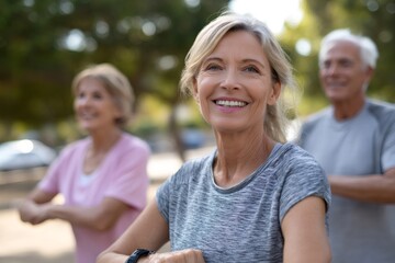 Portrait of a happy senior woman exercising outdoors. Active mature lady smiling during a fitness class in the park. Healthy aging and wellness concept