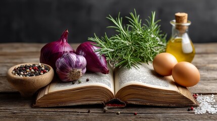 Naklejka premium Recipe book opened on a wooden table with fresh ingredients including red onions, eggs, rosemary, olive oil, and a bowl of mixed peppercorns, ideal for culinary inspiration and cooking