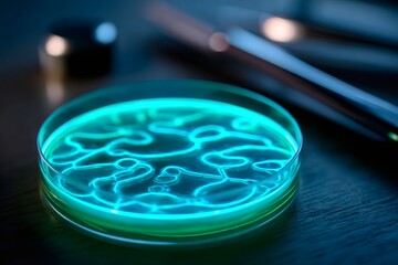 Glowing culture in a petri dish in a science laboratory. Futuristic biotechnology and microbiology research concept with a bioluminescent experiment