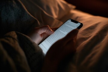 Close up of hands using a smartphone in bed at night. Person reading on mobile phone screen in dark bedroom. Insomnia and social media addiction concept