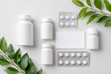Top view of white medicine bottles and blister packs with green leaves. Medical branding mockup with blank card and vitamin supplements. Natural healthcare concept