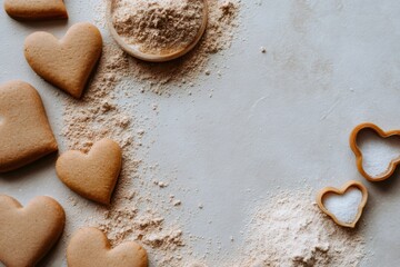 Heart shaped gingerbread cookies with flour and cookie cutters on a rustic surface. Baking background flat lay with copy space. Valentine's day concept