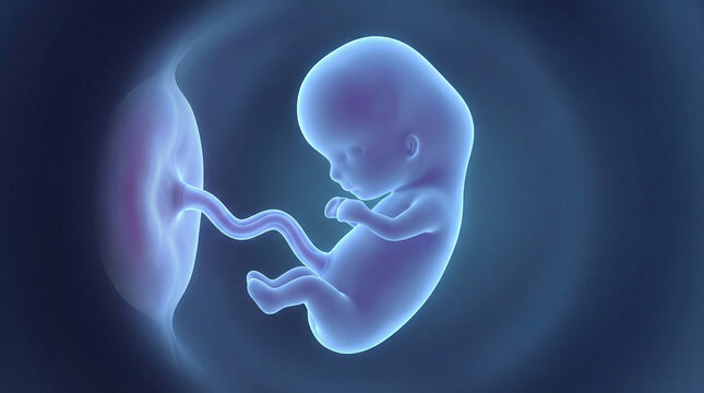 A detailed 3D medical illustration of an early-stage human embryo connected to the placenta via the umbilical cord. The image shows prenatal development inside the womb with soft glowing anatomical vi