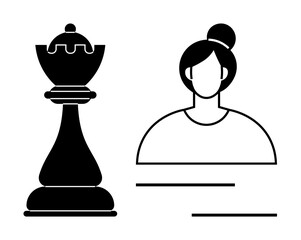 Chess queen alongside female silhouette conveys leadership, strategy, empowerment, decision-making, equality, success, goal-setting. Ideal for business, teamwork inspiration gender equality