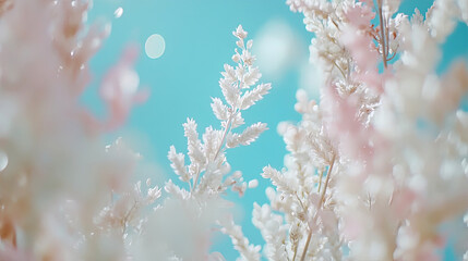 Naklejka premium Delicate white and pale pink feathery floral branches with soft bokeh highlights against vibrant, clear turquoise sky, creating ethereal and dreamy atmospheric scene.