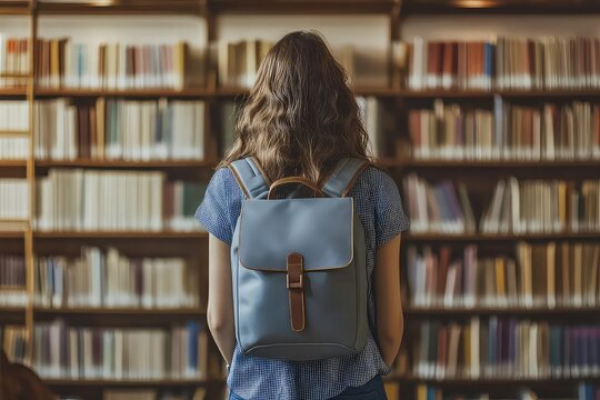 Back view of a female student with backpack in a library. The back view of a female student with a backpack captures her curiosity as she studies in the library.