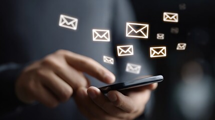 Person holding a smartphone, interacting with digital glowing email icons flying from the screen, representing global communication, networking, notification, and marketing concepts