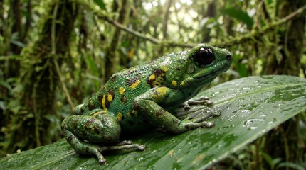 Obraz premium A vibrant green frog with yellow spots sits on a large leaf in a lush rainforest, surrounded by greenery and moisture.