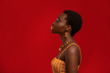 Profile portrait of stylish short-haired millennial african american woman with closed eyes posing on red studio background, wearing bright accessories and makeup, panorama with copy space © Prostock-studio