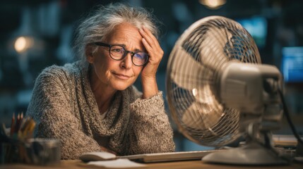  Mature businesswoman experiencing menopause symptoms at work, hot flush and sweating in modern office, health awareness, stress, hormone balance, fatigue, resilience