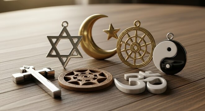 Various religious symbols on wooden surface. Concept of spiritual diversity, interfaith harmony, and peaceful coexistence for education