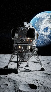 Vertical lunar lander on moon surface. Earth visible in background. Dramatic space exploration scene captures innovation and technology. Journey to outer space begins.