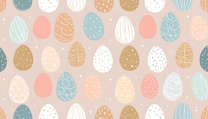 Easter eggs in pastel colors arranged in a repeating pattern. The eggs feature various patterns and textures