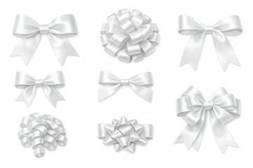 White satin bows in various styles creating elegant gift and decorative ribbons. Transparent background
