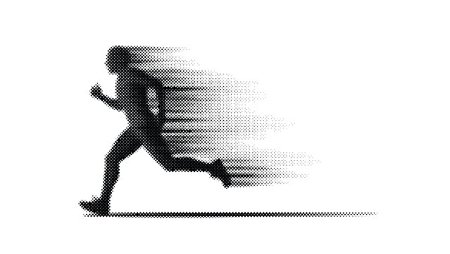 halftone illustration of a person running fast with motion blur effect