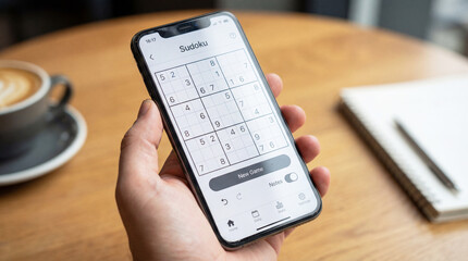 Mobile app style sudoku puzzle with hyper realistic photography inspired interface and modern digital clarity