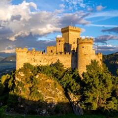 Obraz premium A majestic medieval fortress, built of weathered stone, crowned by battlements. Dramatic lighting on a hill against a cloudy sky