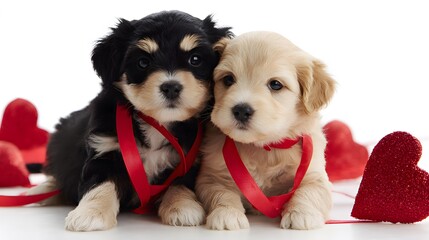 Two cute little dogs with red bows around their necks are sitting on a light floor with red hearts