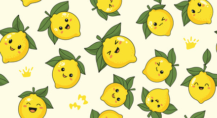 Fototapeta premium Cute and happy cartoon lemons with green leaves create a cheerful, seamless pattern on a light yellow background, perfect for a joyful design.