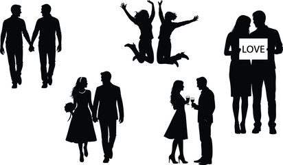 Fototapeta premium Couples and Relationships Silhouette Vector Set, People in Love, Gays Holding Hands, Women Jumping, Wedding Couple, and Dating with Drinks, Black and White Graphic.