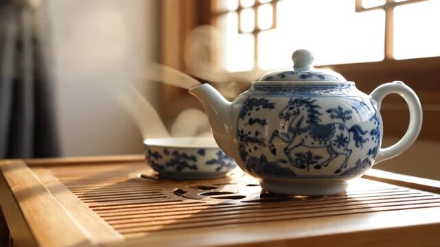 Blue and white porcelain teapot on a sunlit wooden tea tray by window.