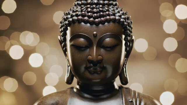 Buddha statue displayed with lights in background during evening time at local shop