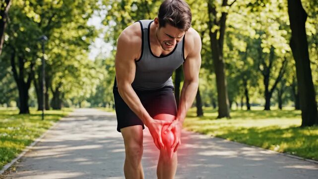A runner clutches his knee in acute pain, emphasized by a red glow, while grimacing during a serious workout on a green park path.