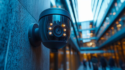 High-tech dome security camera with glowing infrared illuminators vigilantly monitoring modern architectural building facade, symbolizing advanced surveillance and urban safety systems.
