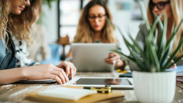 Video Group of women using laptops at a table, possibly freelancing or working from home