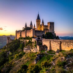 Obraz premium A majestic medieval fortress, silhouetted against a twilight sky, illuminated by warm lights, atop a lush green hill