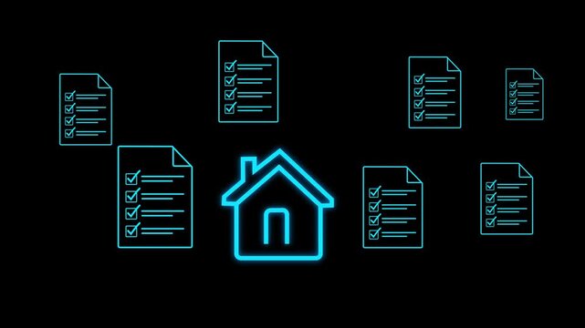 Digital business idea, with home icon and checklist documents floating, representing property purchase process or mortgage application. Motion graphics of document from verification concept