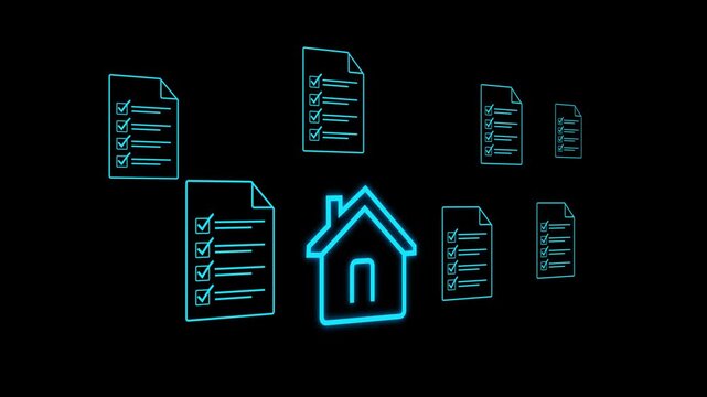 Digital business idea, with home icon and checklist documents floating, representing property purchase process or mortgage application. Motion graphics of document from verification concept