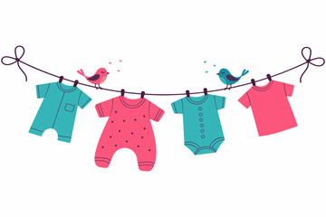 Cute baby clothes hanging on clothesline with birds for newborn shower greeting card or nursery decor. © Marina