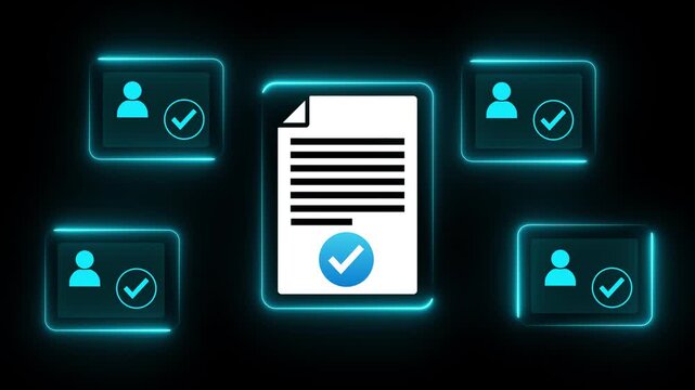 Person using with icons of a document and profile pictures with checkmarks, representing compliance and verification. Motion graphics of business document concept