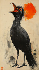 Obraz premium Dynamic mixed media painting of black bird in full cry, head thrown back with open beak, abstract orange splattered halo of sound or emotion against textured background.